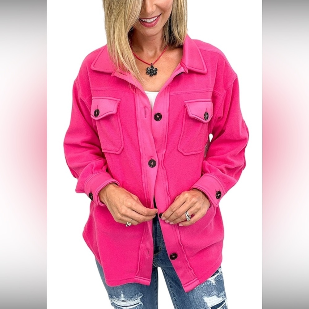 Zenana All About the Fleece Lightweight Button-Down Shacket in fuchsia small